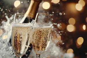 Champagne bottle pouring into two flutes with bokeh background effect photo