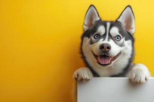 Cute husky puppy looking with paws on white surface and yellow background photo