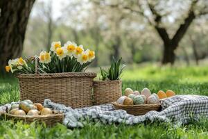 Easter picnic celebrating spring with daffodils, food, and colorful eggs in nature photo