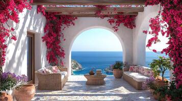 Bougainvillea decorating luxury patio overlooking tranquil ocean in positano photo