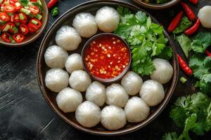 Steamed dumplings with chili sauce and cilantro on dark rustic background photo