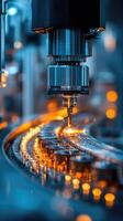 Metalworking cnc milling machine cutting metal workpiece creating sparks in factory photo