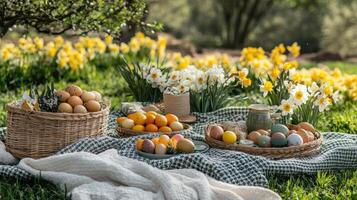 Easter picnic celebrating spring with colorful eggs and daffodils in sunny garden photo