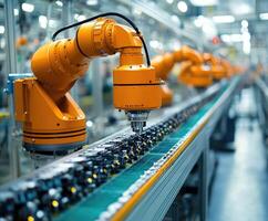 Robotic arms working on assembly line in modern factory photo