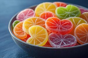 Colorful citrus shaped marmalade candies covered in sugar filling a glass bowl photo