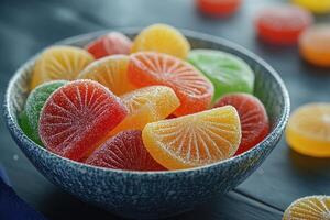 Bowl of colorful gummy candies shaped like fruits and hearts covered with sugar crystals photo