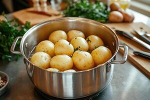 Small potatoes boiling in water with parsley in stainless steel pot photo