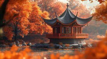 Traditional chinese pagoda reflecting on calm lake during fall photo