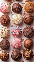 Delicious chocolate confectionery forming appealing geometric pattern on white background photo