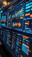 Stock market charts showing increasing values on multiple screens in a modern office photo