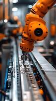 Robotic arm performing automated task on production line in factory photo