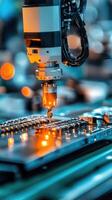 Robotic arm working on circuit board in modern factory photo