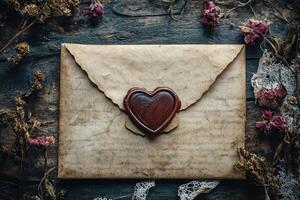 Old envelope sealed with heart-shaped wax on wooden table with dried flowers photo