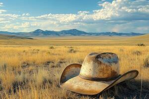 Weathered cowboy hat lying on dry grass in open prairie with mountains photo