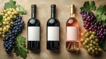 Wine bottles with blank labels displayed with fresh grapes photo