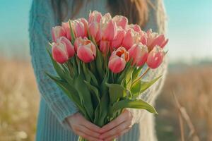 Beautiful spring day with a person holding a bouquet of pink tulips in a sunny field photo
