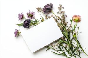 Floral arrangement with blank card on white background for personalized messages and greetings photo