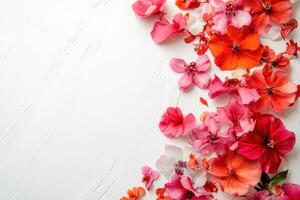 Brightly colored flowers cascading across a white surface in a vibrant floral arrangement with various hues and shapes photo