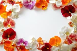 Colorful flower petals arranged in a circular pattern on a white background for a creative touch photo