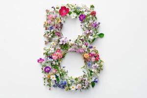 Floral arrangement of the letter B created with various colorful flowers on a white background photo