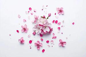Delicate cherry blossom flowers arranged artfully on a white background with scattered petals photo