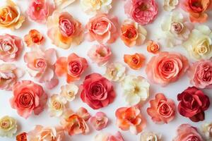 Colorful arrangement of various roses and blossoms on a white background showcasing their beauty and diversity in floral design photo