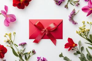Vibrant envelope surrounded by colorful flowers on a white background for special occasions photo