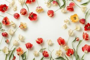 Colorful tulips and flowers arranged in a circular pattern on a white surface during springtime photo