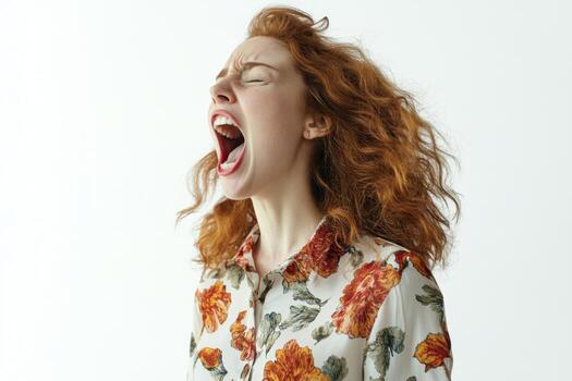 Woman expressing intense emotion with a loud scream against a plain background photo