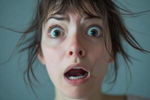 Surprised woman with messy hair expressing shock and disbelief in a close-up portrait indoors photo