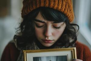 Young woman holds a framed picture while looking down, wearing an orange beanie in a cozy indoor setting photo