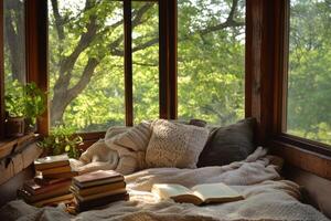 Cozy reading nook in a sunlit cabin surrounded by lush greenery on a serene afternoon photo