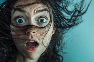 Person expressing surprise with wild hair against a blue background in an indoor setting photo
