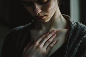Person with hand on chest expresses deep emotion in a softly lit indoor space photo