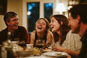 Friends enjoy a lively dinner gathering filled with laughter and good food in a cozy home setting photo
