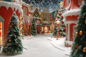 Festive winter village decorated with lights and Christmas trees creating a magical holiday atmosphere photo