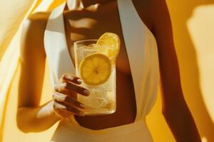 Bright cocktail with fresh lemon slices held by a woman in a stylish outfit surrounded by yellow backdrop photo