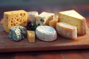 Diverse assortment of artisanal cheeses arranged on a wooden board at sunset for a delightful tasting experience photo