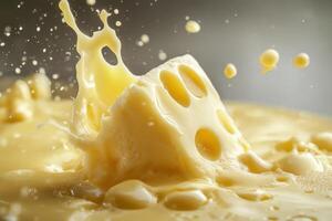 Cheddar cheese block splashing into melted cheese with droplets flying in a creamy background photo