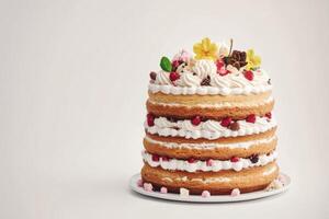 Delicious layered cake topped with fresh berries and cream decorated with flowers photo