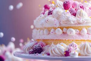 Colorful raspberry and cream layered cake decorated with fresh fruits and icing garnishes at a festive celebration photo