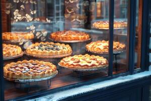 Freshly baked pies displayed in a cozy bakery window during a winter afternoon photo