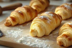 Freshly baked buttery croissants arranged on a wooden board with flour dust at a cozy kitchen setting photo