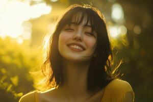 Smiling woman enjoys golden hour in a lush garden setting with sunlight illuminating her face photo
