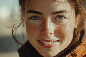 Young woman with freckles smiles brightly in soft sunlight against a blurred background in an outdoor setting photo