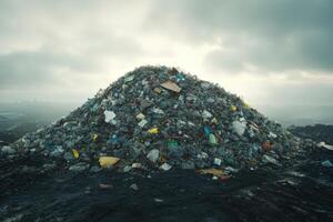 Mountains of plastic waste dominate the landscape in a landfill under cloudy skies photo