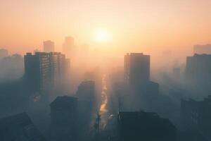 Urban skyline at sunrise shrouded in fog with silhouettes of buildings and a calm atmosphere photo