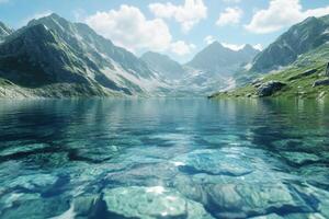 Crystal clear lake reflects majestic mountains under a bright blue sky in a serene natural landscape photo
