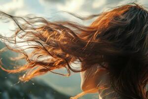 Woman with flowing hair enjoys a beautiful sunset in a mountainous landscape surrounded by nature photo