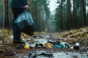 Person carrying black garbage bag on muddy path in forest with litter scattered around photo